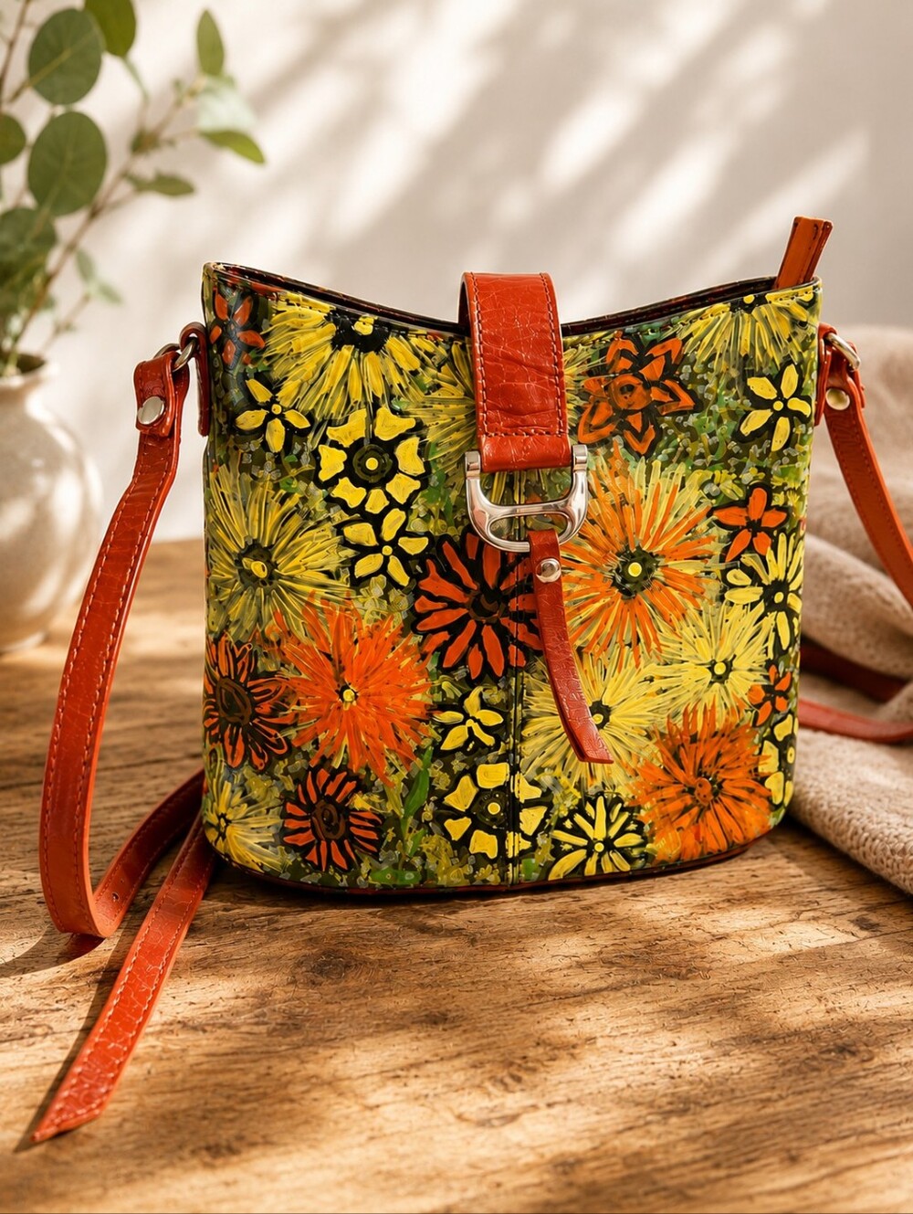 Italian Leather Floral Crossbody Hand Painted Shoulder Bag Cottagecore Purse